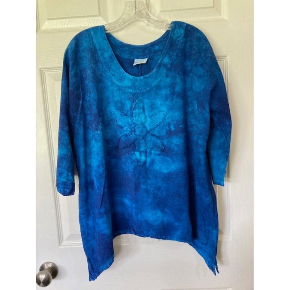 Cottonseed Cobalt Blue Tie Dye Daisy Cotton Top  Size M/L Lagenlook Artsy Boho